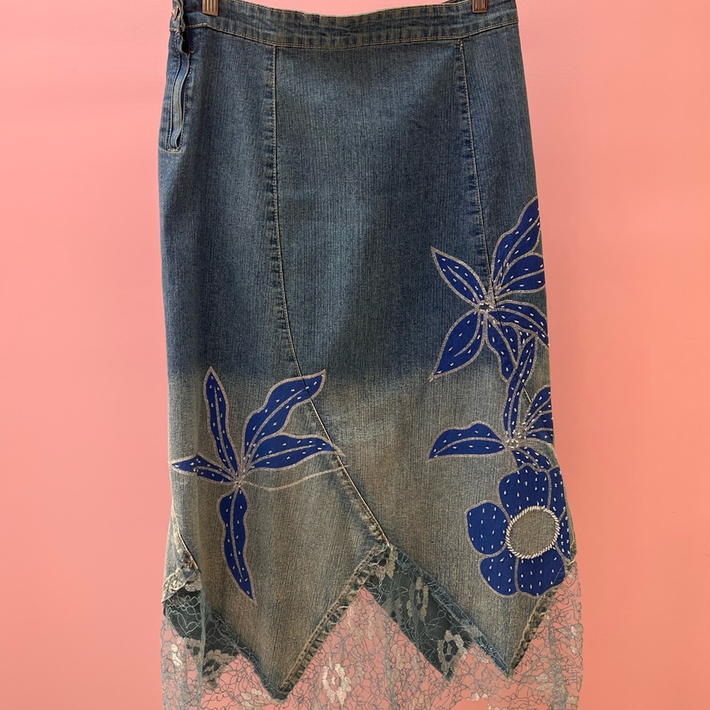 VINTAGE Blue Floral Denim Skirt